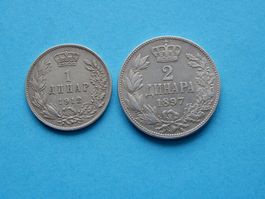 Münzen Serbien 1 Dinar 1912 + 2 Dinar 1897 Silber