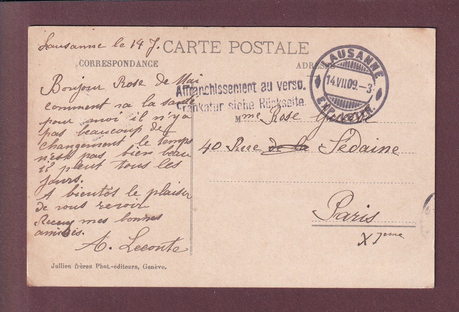 Cartoline postali: LAUSANNE - Ouchy - Beau-Rivage - 1909 – Usato da Pully venduto da nicecards 1