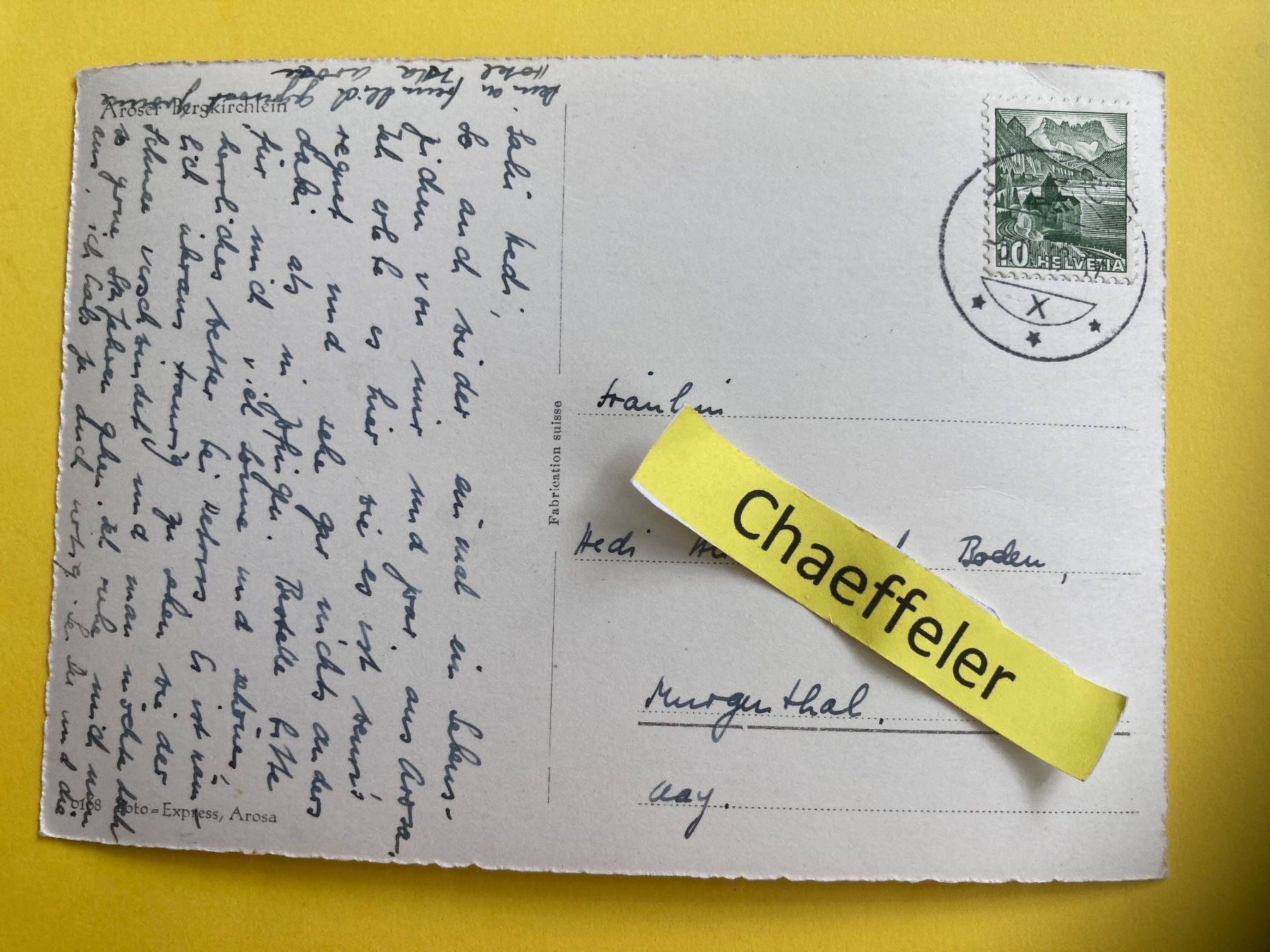 Cartoline postali: 1949 Arosa Bergkirchlein – Usato da Zürich venduto da Chaeffeler 1