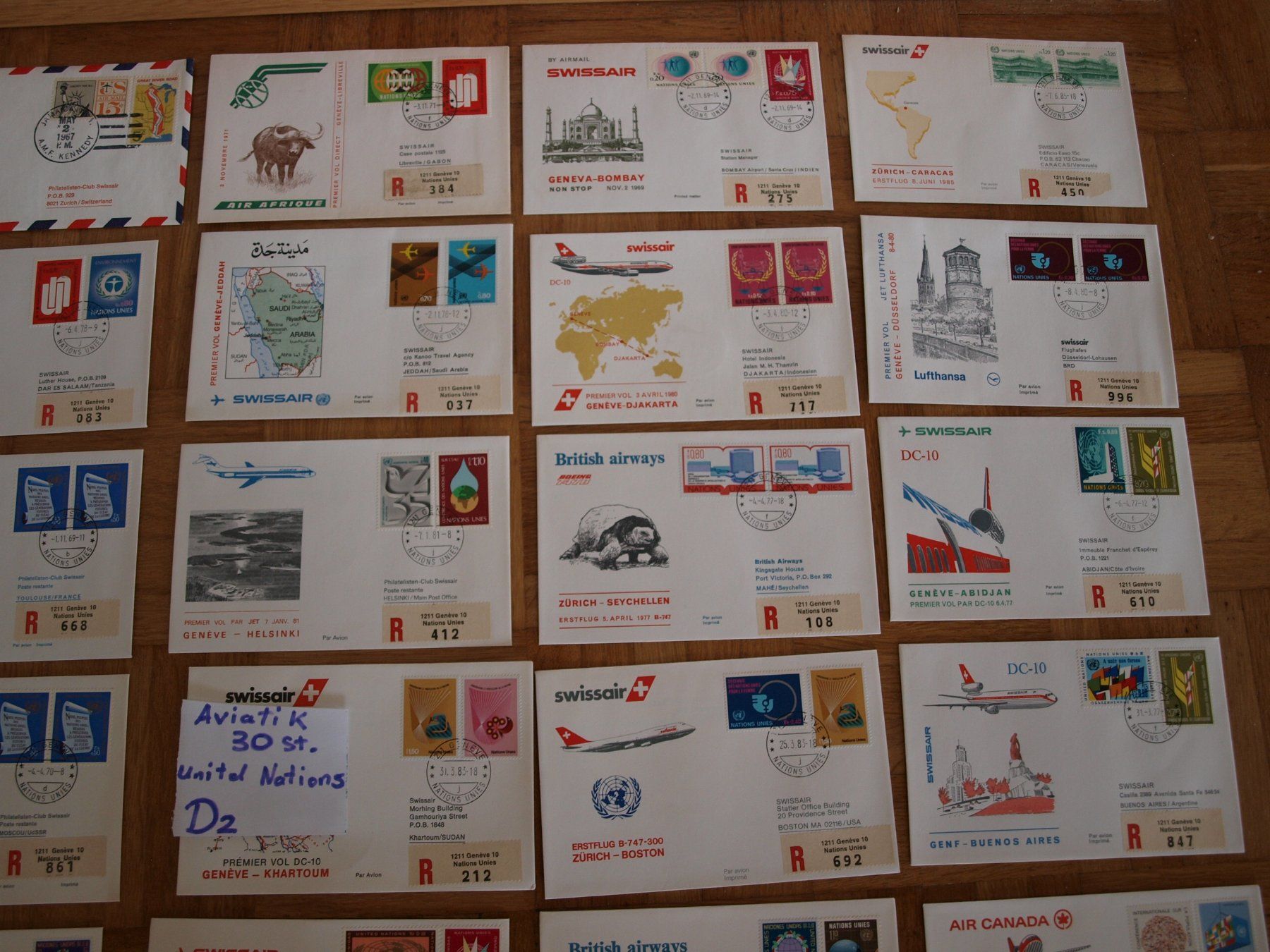 Tutti i francobolli: 30 Aviatik Briefe Unitd Nations  gebraucht , siehe Bilder. – Usato da Aarau venduto da Marcele0 2