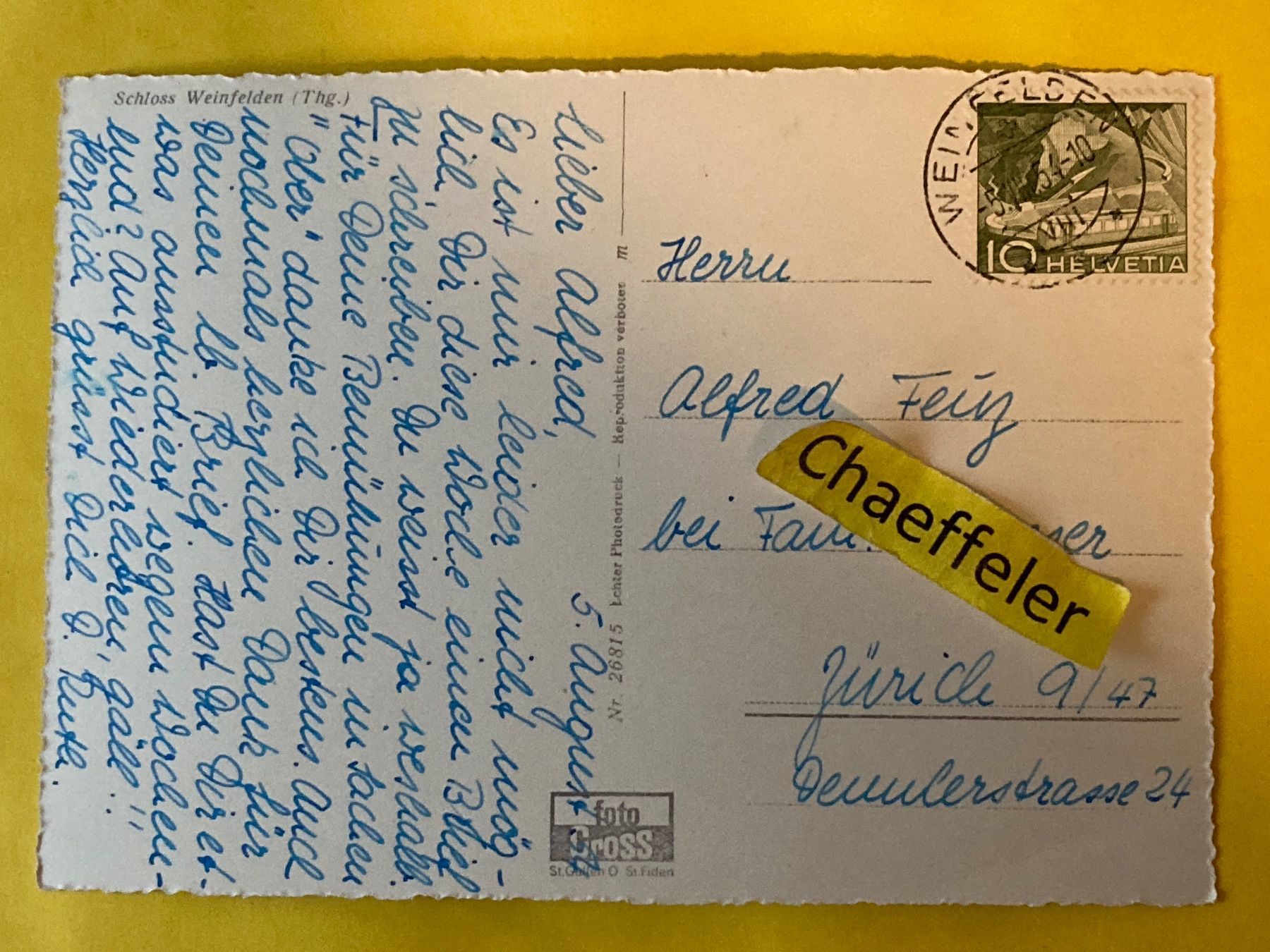 Ansichtskarten: 1954 Schloss Weinfelden – Gebraucht aus Zürich von Chaeffeler 1