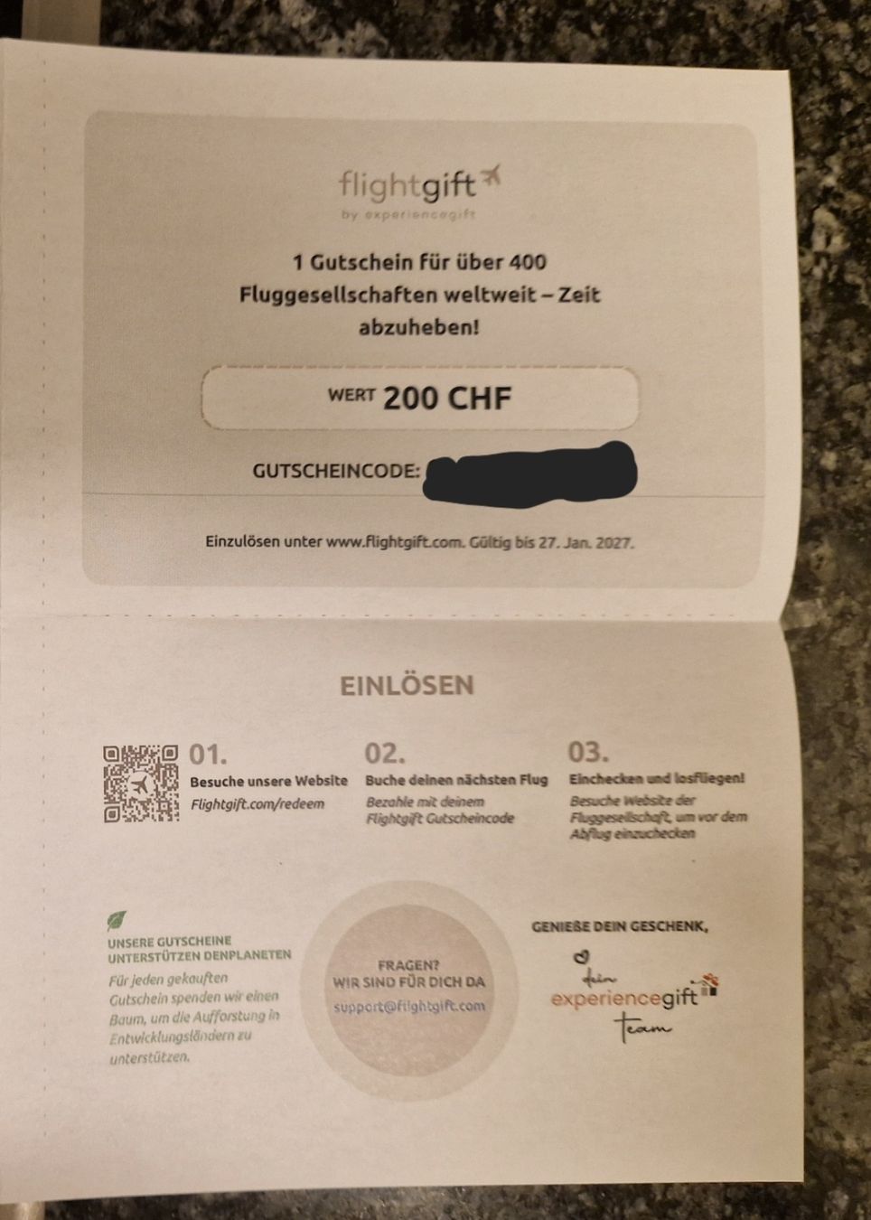 Buoni: Flightgift Gutschein 200 CHF weltweit einlösbar bis 27.01.27 – Usato da Basel venduto da Musawida
