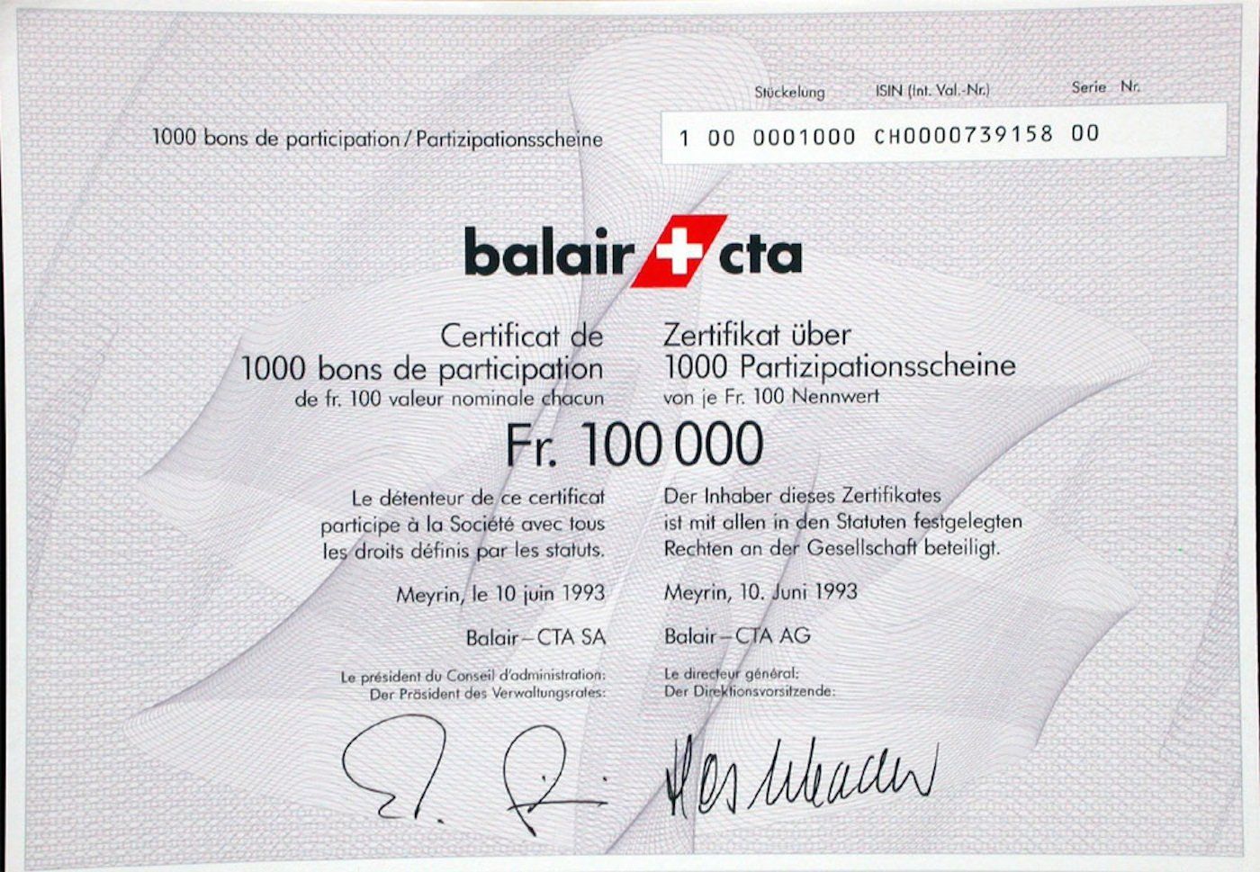 Dokumente: Balair-CTA AG, Meyrin - 1993 – Gebraucht aus Solothurn von Sgasche