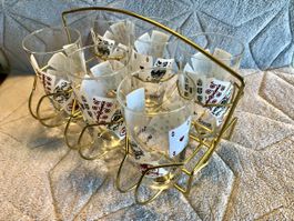 Gläser Set mit Spielkarten Motiv und Halterung Glas Gold