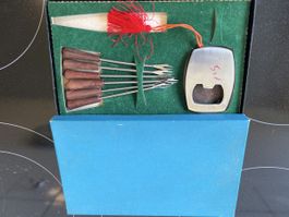 Fondue Set, Vintage 1970er Jahre, Holzgriffe, Top Zustand!