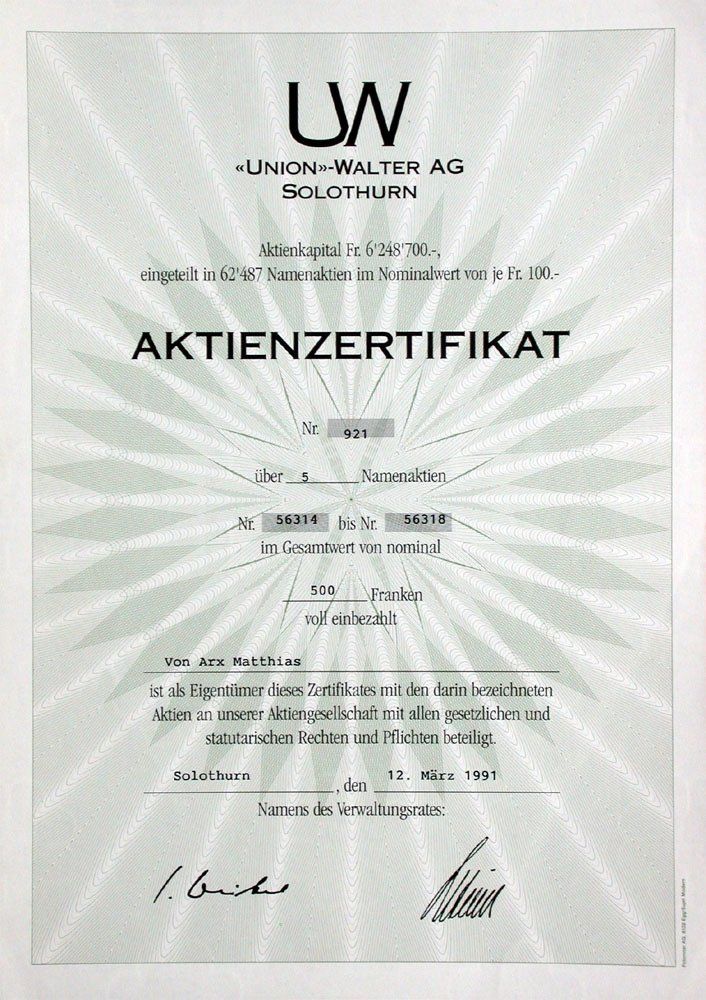 Documenti: Union-Walter AG, Solothurn - 1991 – Usato da Solothurn venduto da Sgasche