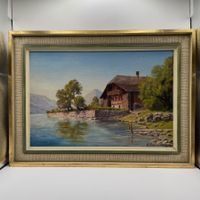 Original H. Reusser Ölbild Schweizer See Chalet Landschaft