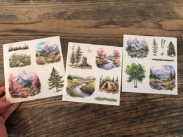 Sticker Aufkleber Scrapbook Natur Camping Berge Frühling