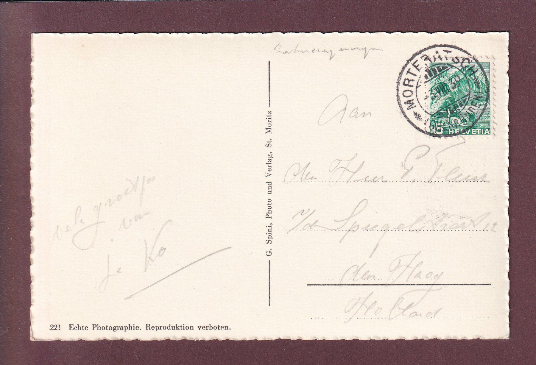 Cartes postales: SUVRETTA HOTEL - Campfer - Silvaplana - 1939 – D'occasion à Pully par nicecards 1
