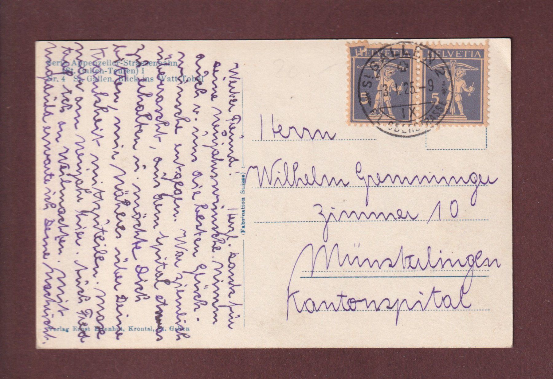Cartoline postali: ST. GALLEN - Blick ins WATT-TOBEL - 1925 – Usato da Pully venduto da nicecards 1