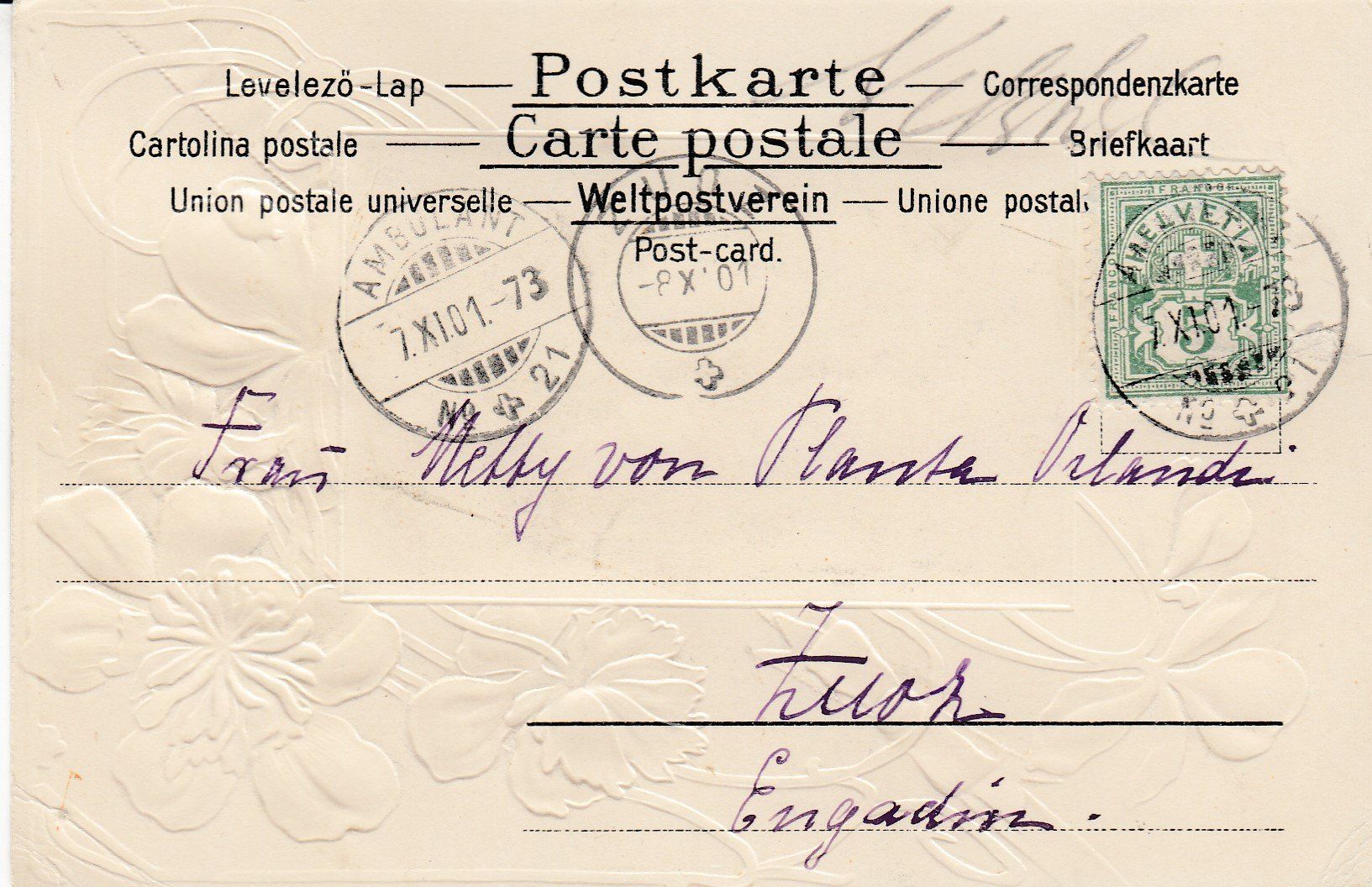 Cartoline postali: 1901 Ansichtskarte Glarus mit Blumen Relief Muster nach Zuoz – Usato da Rheinfelden venduto da ricci62 1
