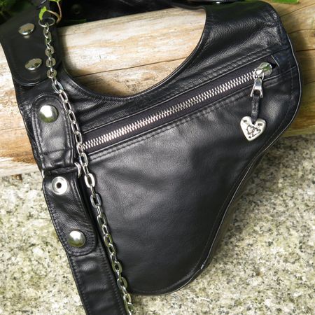 Motorrad Handytasche Damen, Revolverbag aus schwarzem Leder