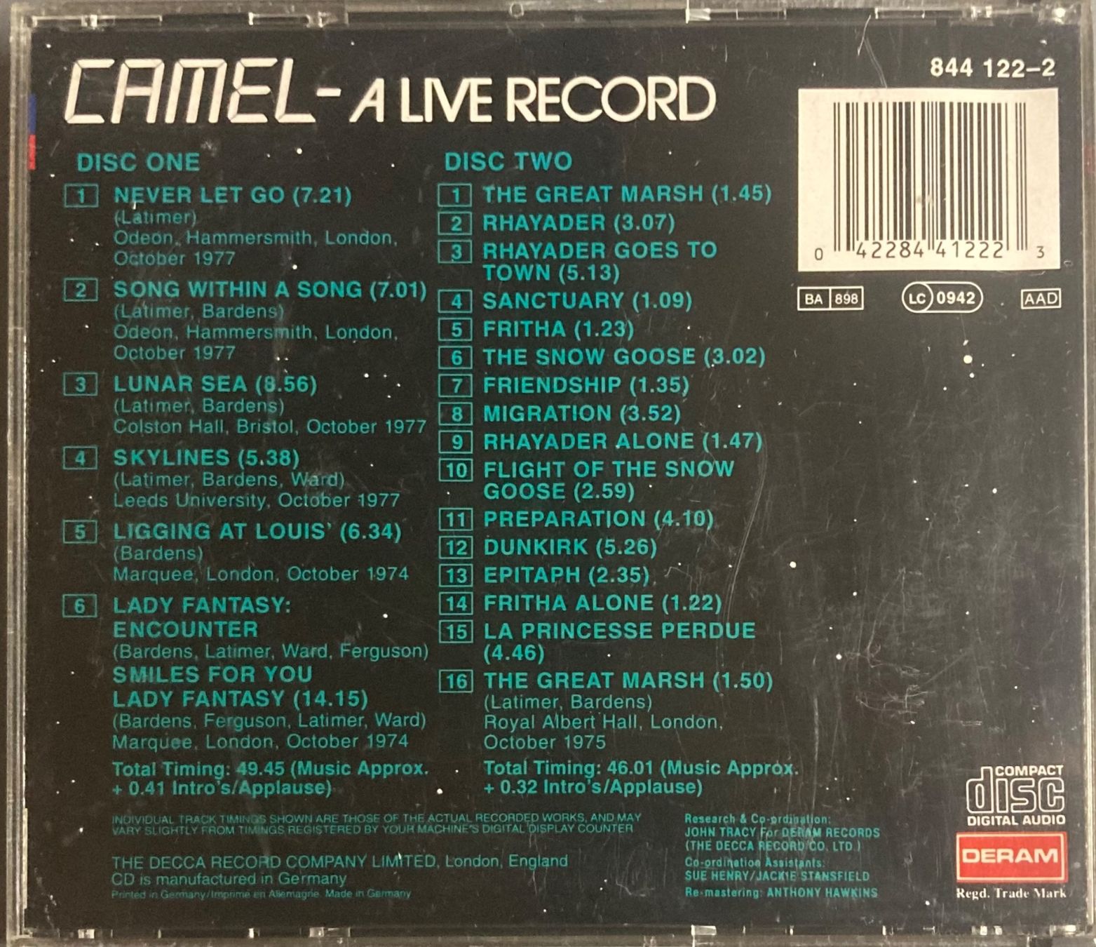 CDs: CAMEL - A LIVE RECORD – D'occasion à Poliez-Pittet par Newtown-Records 1