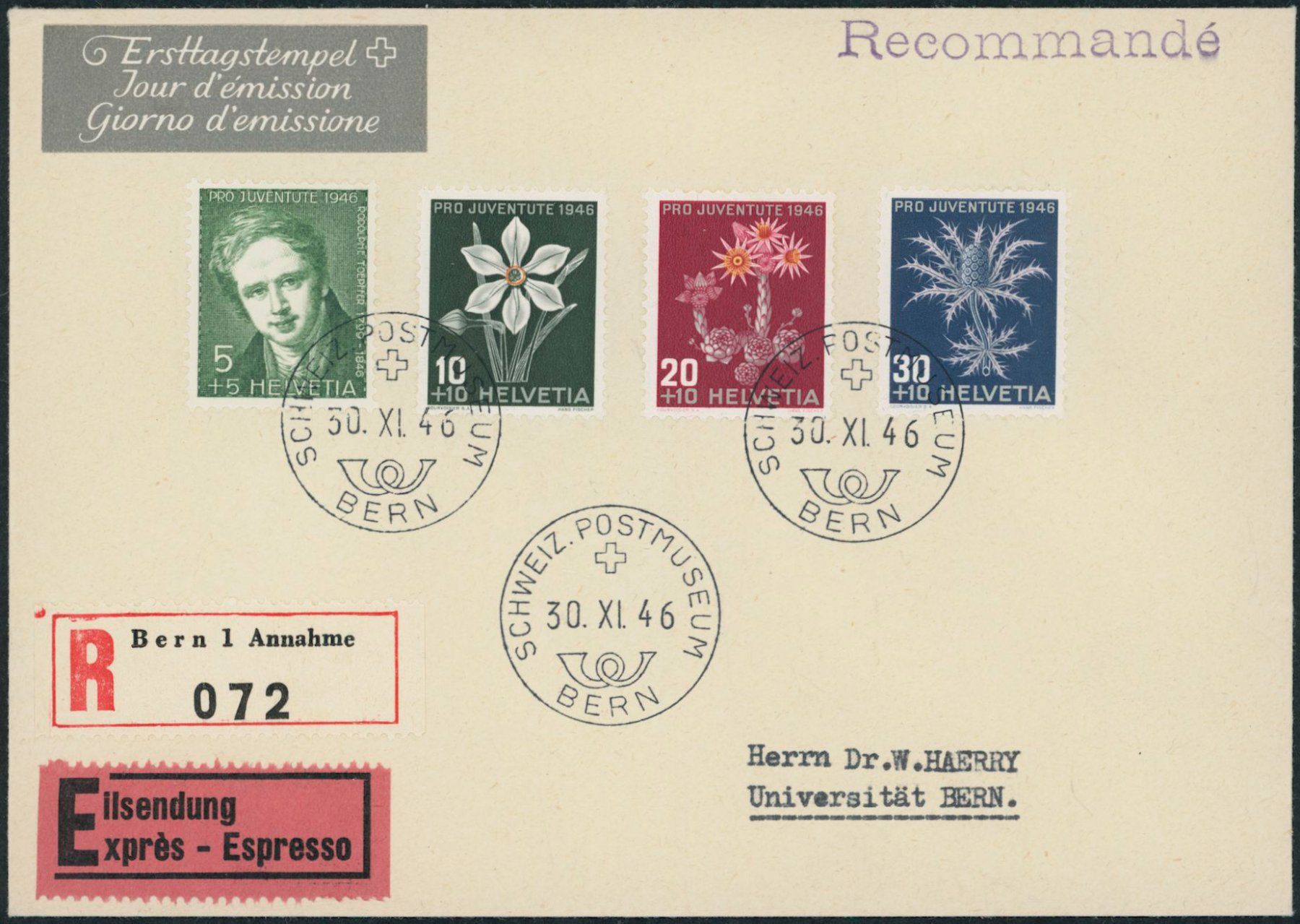 Tutti i francobolli: 1946 - Pro Juventute - Block - Ersttagsbrief FDC - Haerry – Usato da Schindellegi venduto da leecollect