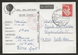 Ballon 1985 Deutschland Ibbenbüren Mühlesee Luftpost