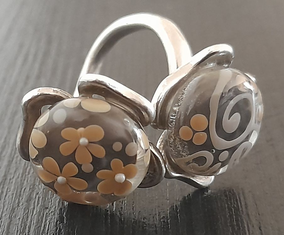 Pendentif & Bague En Verre De Murano Signé - Ancien - Doré & Noir - Très Bon État Vintage