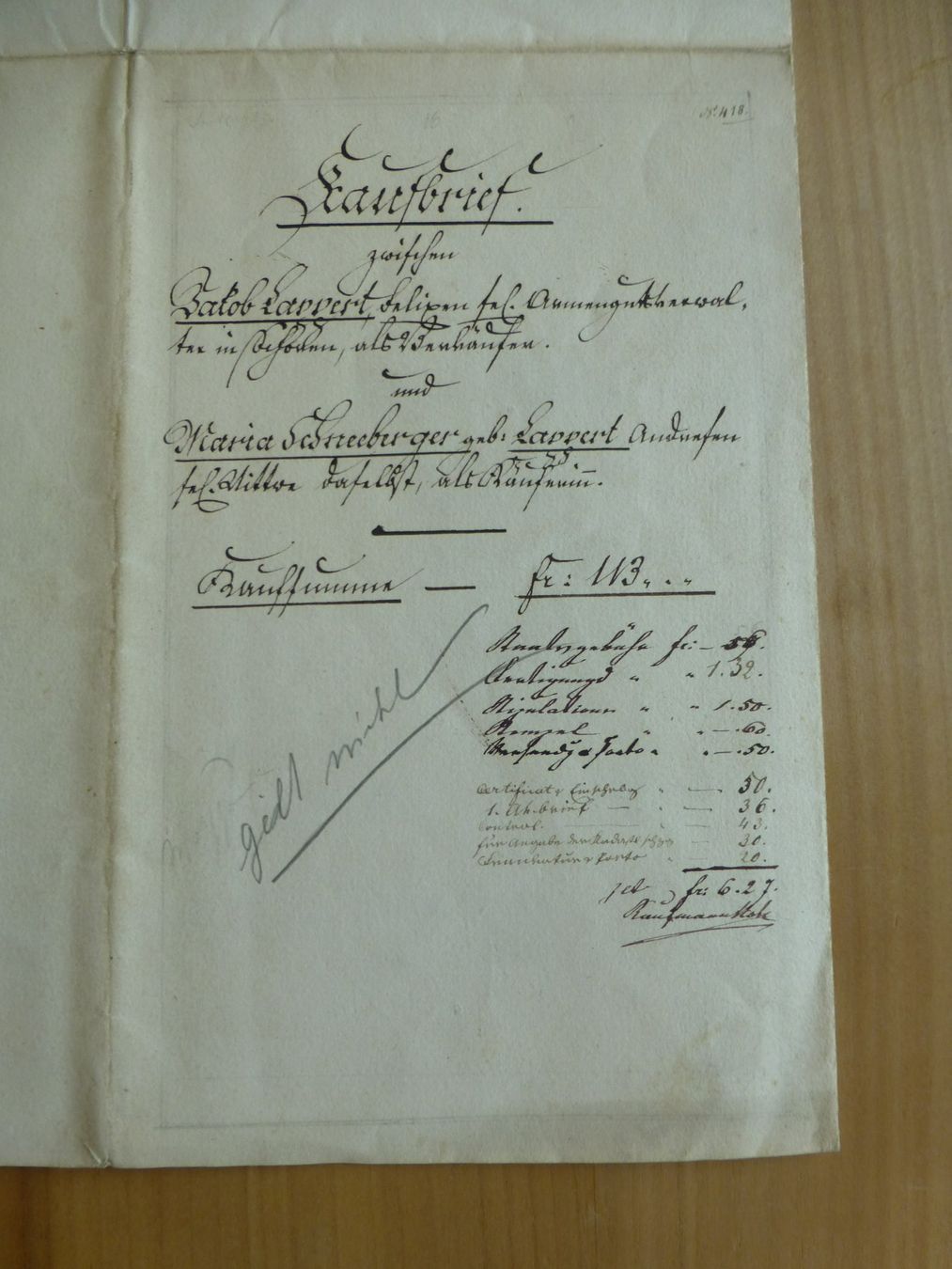 Documenti: Aarwangen 5.Dezember 1864 – Usato da Bettlach venduto da 1saurer 2