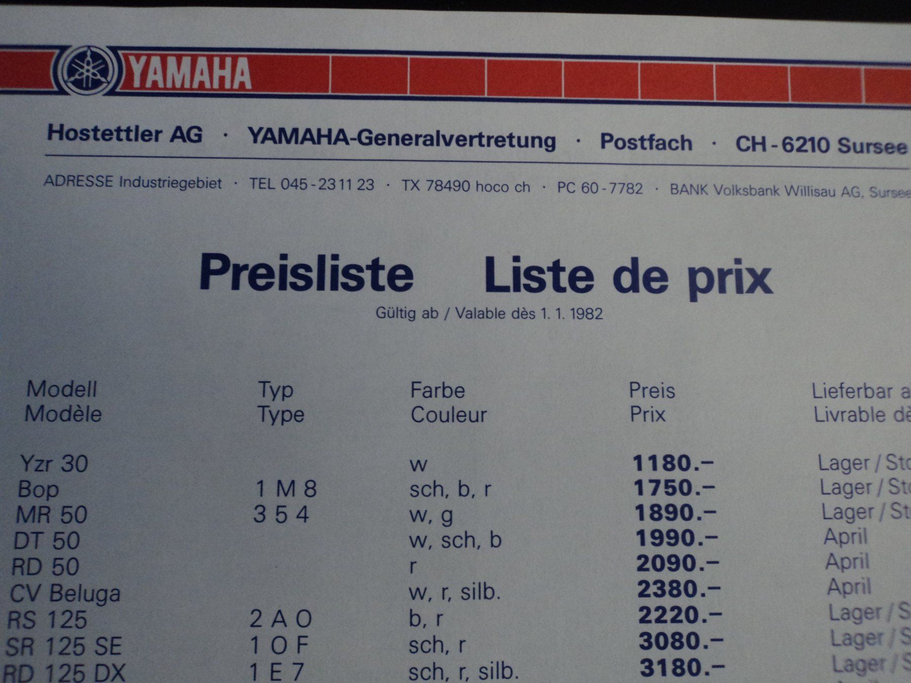 Documenti: Prospekt Preisliste Yamaha 1982 – Usato da Schwarzenburg venduto da modelCARama