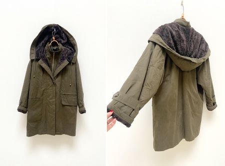 Vintage Parka, Warme Winterjacke, Olivgrün mit Kapuze