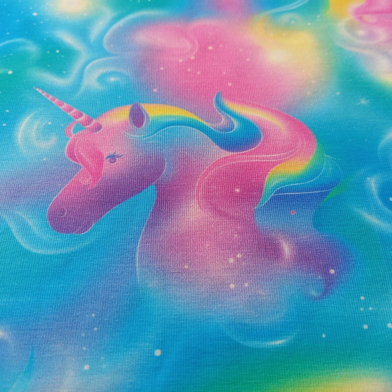 Tessuti: Jersey Magisches Einhorn türkis/rosa – Nuovo e nell'imballaggio originale da Winterthur venduto da Kimbana