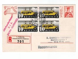 Schweiz, FDC Postauto 5.9.1937 im 4er-Block auf Karte