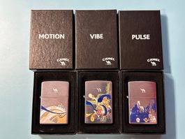 Rarität: 3x original Camel Zippo Set (Motion / Vibe / Pulse)