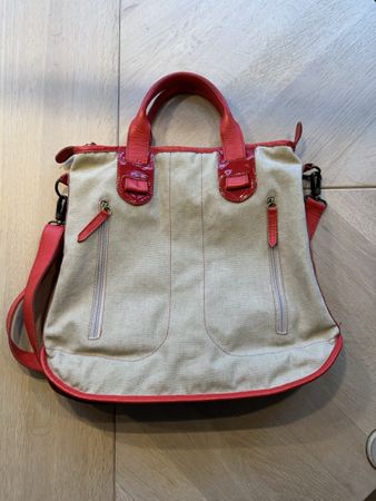 Stylish Canvas Tote Bag with Red Leather Trim