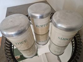 3 Vorratsdosen Emaille Thee Koffie Suiker gebraucht, beige