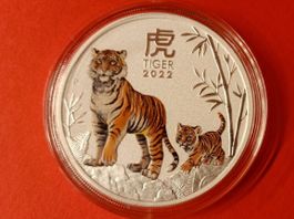 1 OZ UNZE LUNAR 3 III YEAR OF THE TIGER 2022 COLOUR SILBER
