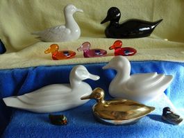 Enten-Sammlung 11 Stück. -3 weisse, grosse Enten, Porzellan.