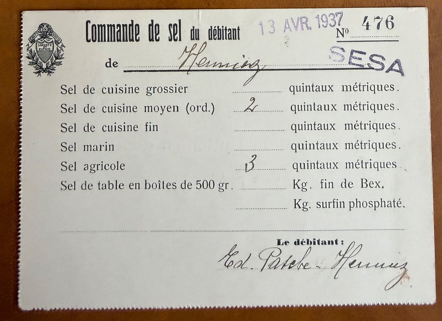 Cartes postales: Bex - Commande de sel - 1937 – D'occasion à Lutry par Ediego 1