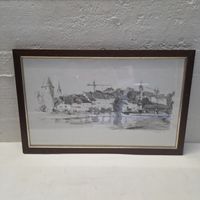 Bleistiftzeichnung Stadtansicht mit Brücke signiert 1972