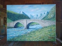 Gemälde Steinbrücke Berge Landschaft handsigniert 60x45cm
