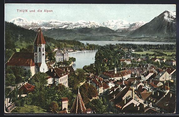 Cartoline postali: Thun, Teilansicht mit Kirche und den Alp – Usato da Berlin venduto da bartko-reher