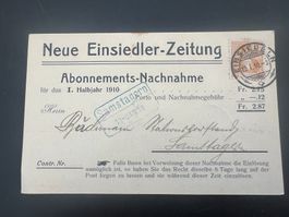 Nachnahme Karte Abo Neue Einsiedler Zeitung 1910 (V847)