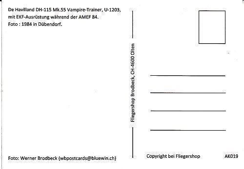 Ansichtskarten: Postcard Swiss AF DH-115 Vampire-Trainer – Neu (gemäss Beschreibung) aus Basel von Dogana 1
