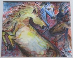 Bild Gemälde Aquarell: 3 Pferde, signiert 1989, gerahmt