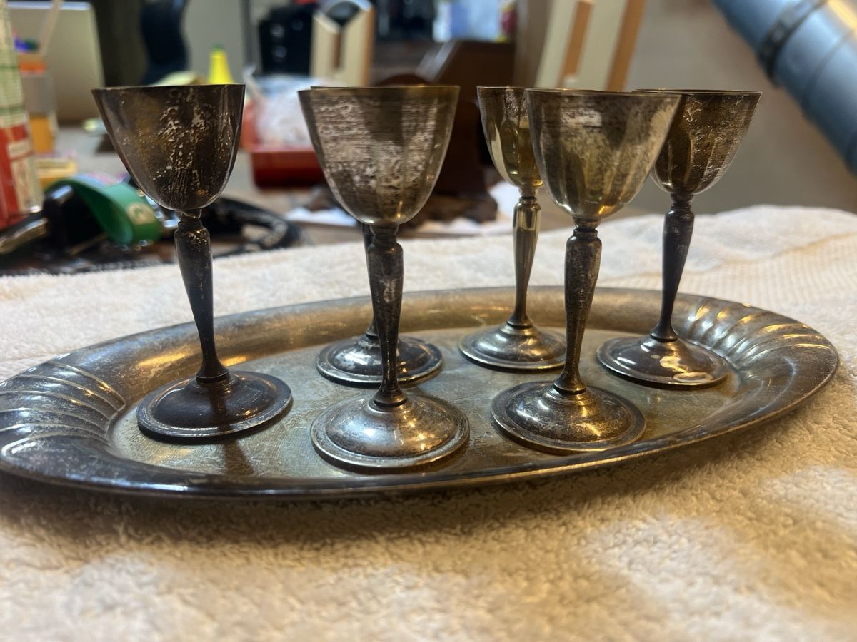 Set di piatti: Vintage Likör Set versilbert Tablett & 6 Becher (v) – Usato da Rorschach venduto da TimelessTrading