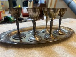 Vintage Likör Set versilbert Tablett & 6 Becher (v)