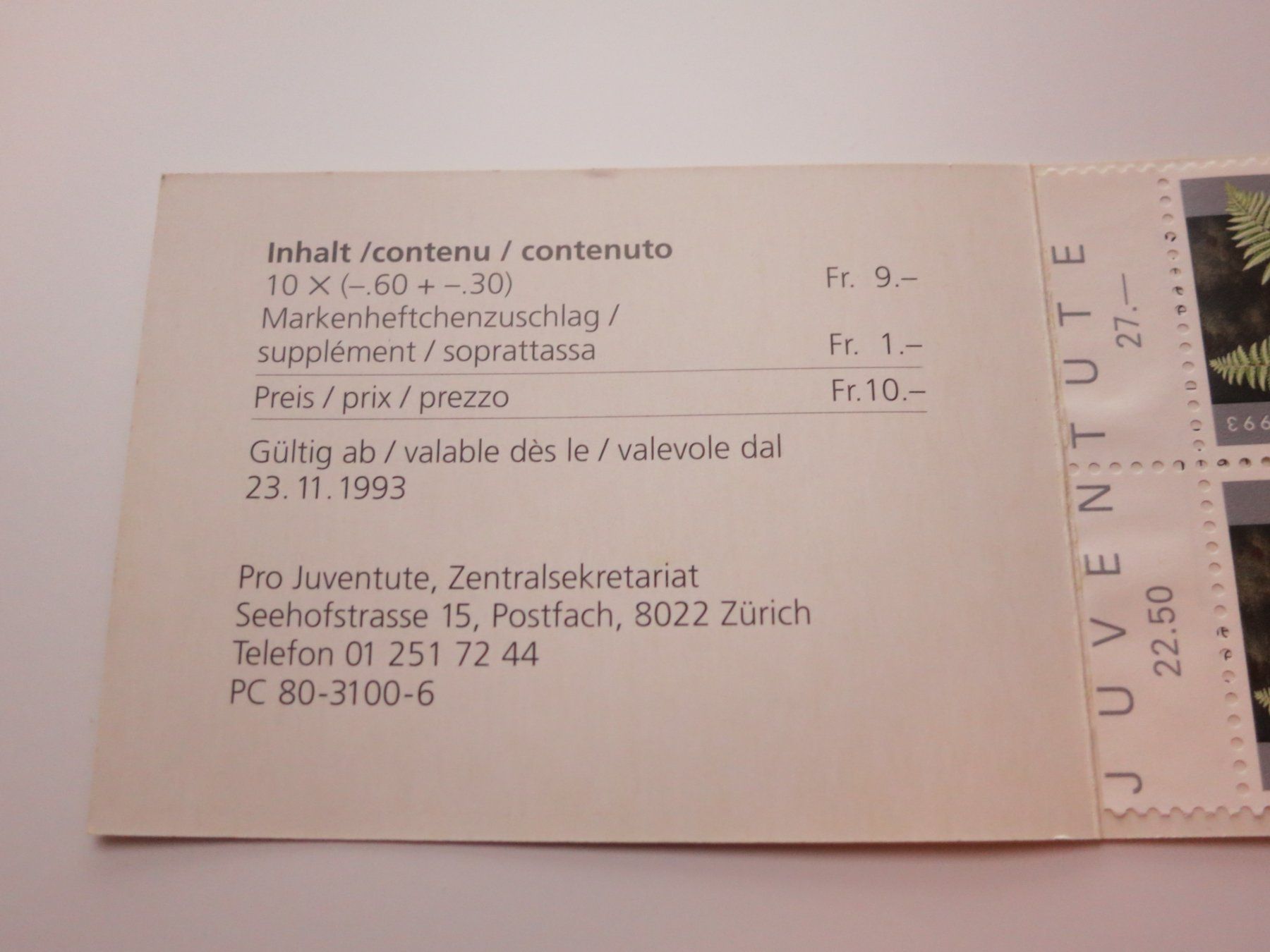 Tutti i francobolli: MARKENHEFT PRO JUVENTUTE 1993 – Nuovo e nell'imballaggio originale da Windisch venduto da MarcelS01 3
