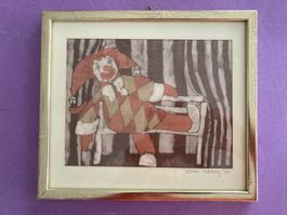 kleines Gemälde Seidenmalerei Clown signiert Erna Rohling 80