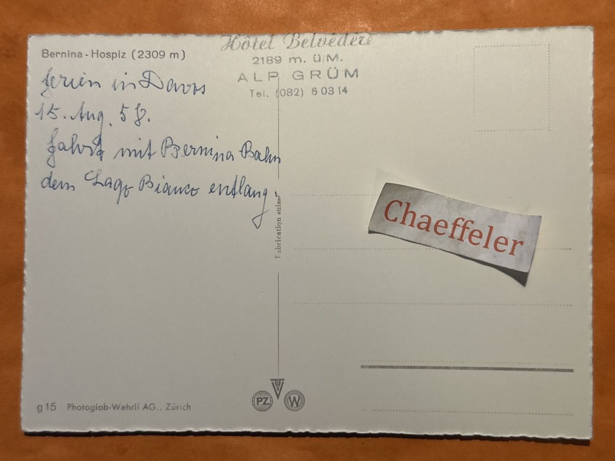 Cartoline postali: 1958 Bernina-Hospiz – Usato da Zürich venduto da Chaeffeler 1