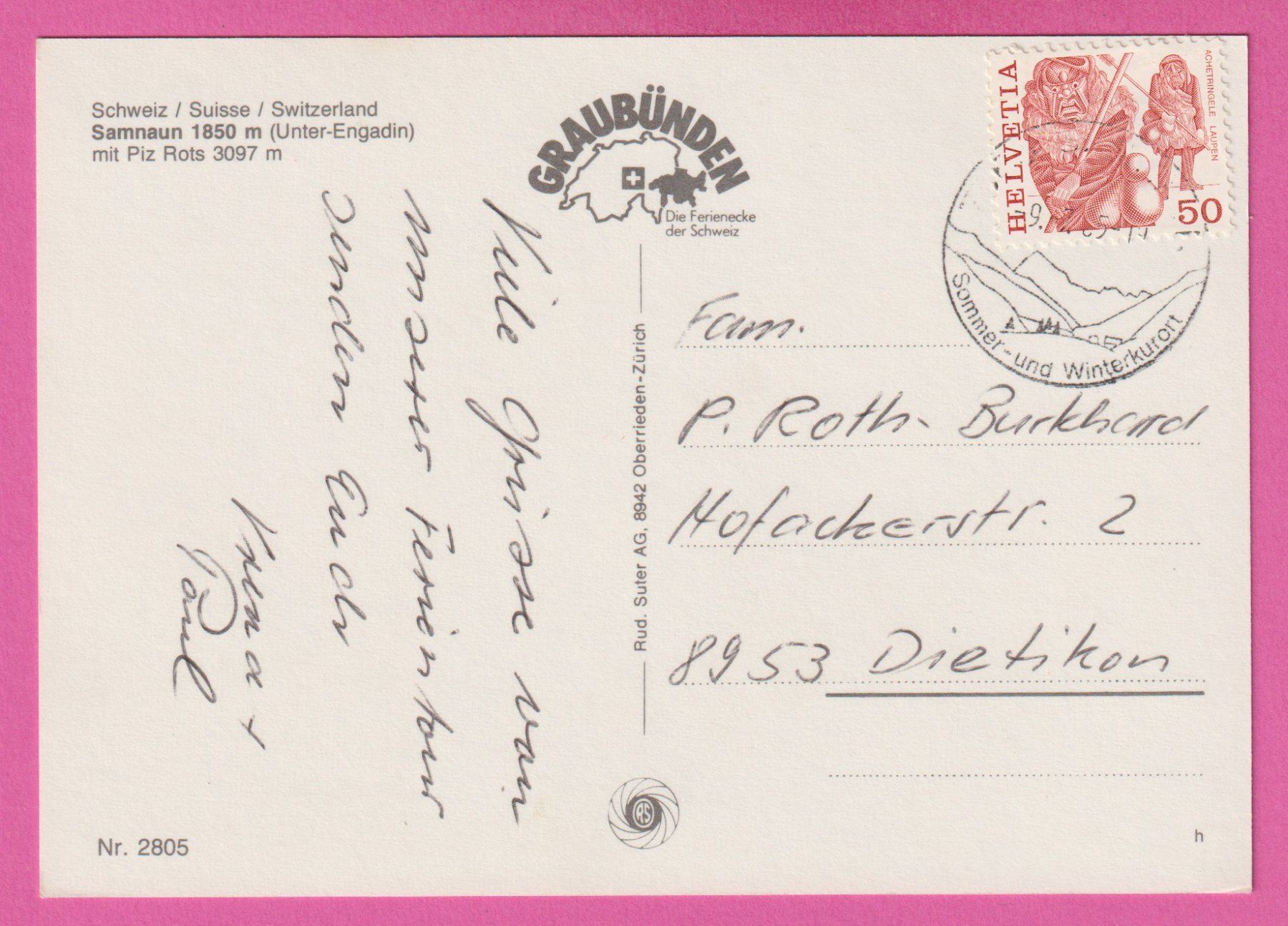 Cartoline postali: Samnaun 1850m gel 1985? Unter Engadin – Usato da Einsiedeln venduto da dillie 1