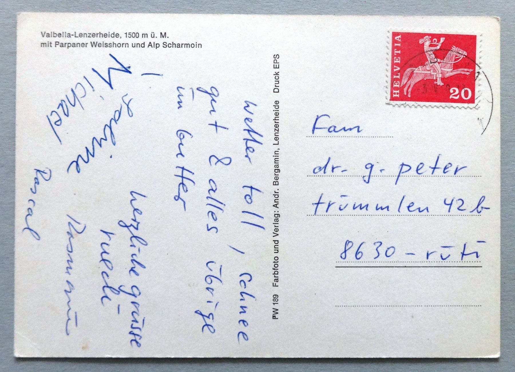 Cartoline postali: Valbella-Lenzerheide 1500 m ü.M. – Usato da Fétigny venduto da Billy2miny 1