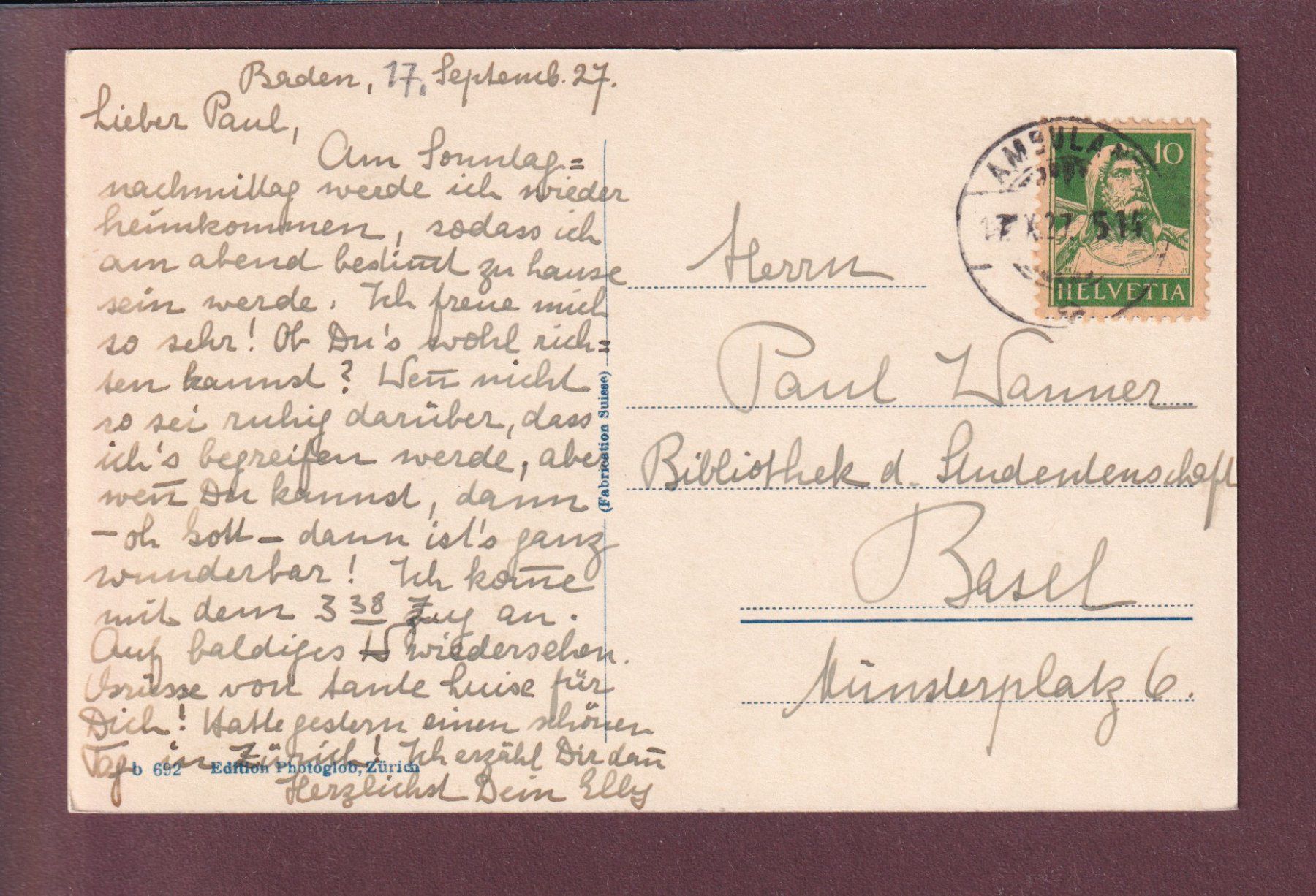 Cartoline postali: BADEN - Stadtturm - Hotel Engel - 1927 – Usato da Pully venduto da nicecards 1