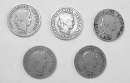 Schweiz 5 x 10 Rappen 1879, 1880, 1880, 1884, 1901