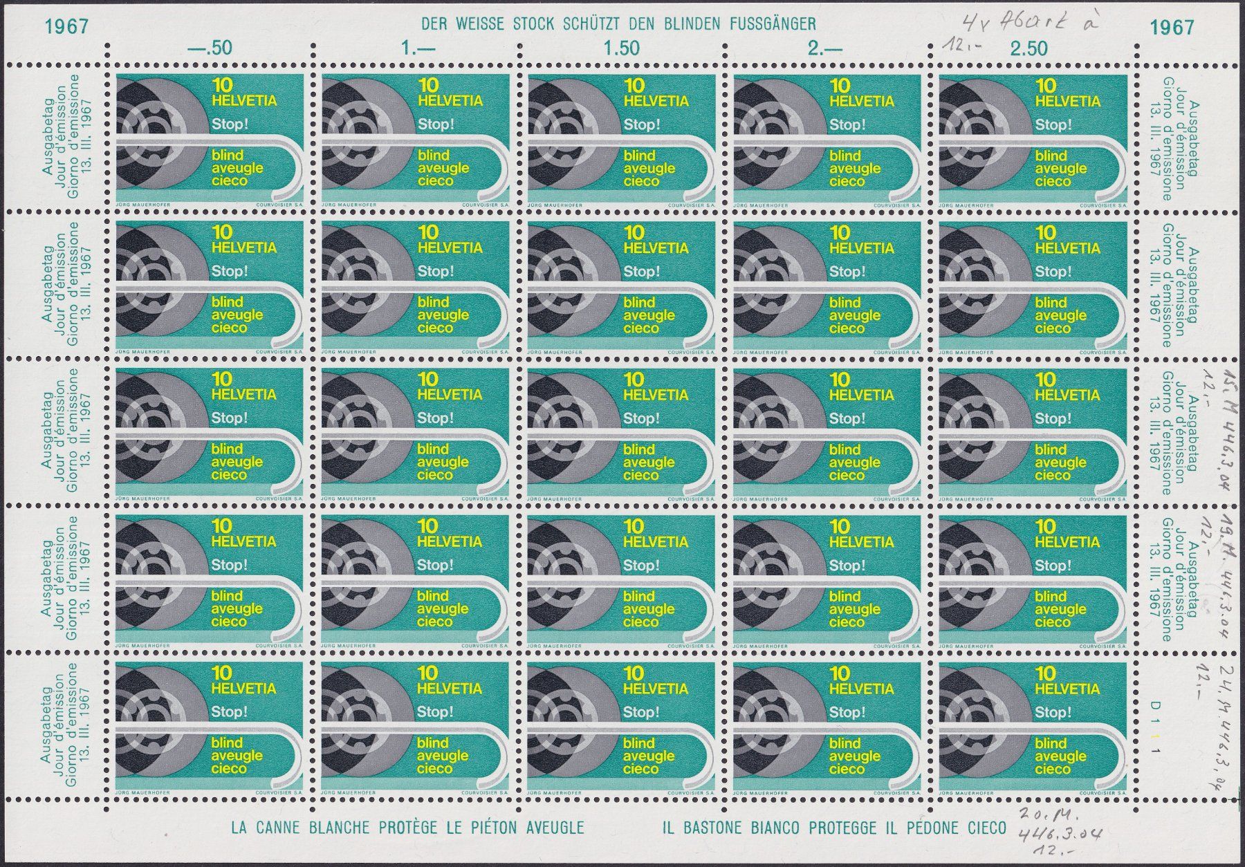Tutti i francobolli: 1967, Nr.446.3.04, postfrischer Kleinbogen +Abarten, K: 60.- – Usato da Sursee venduto da Luzernerraute