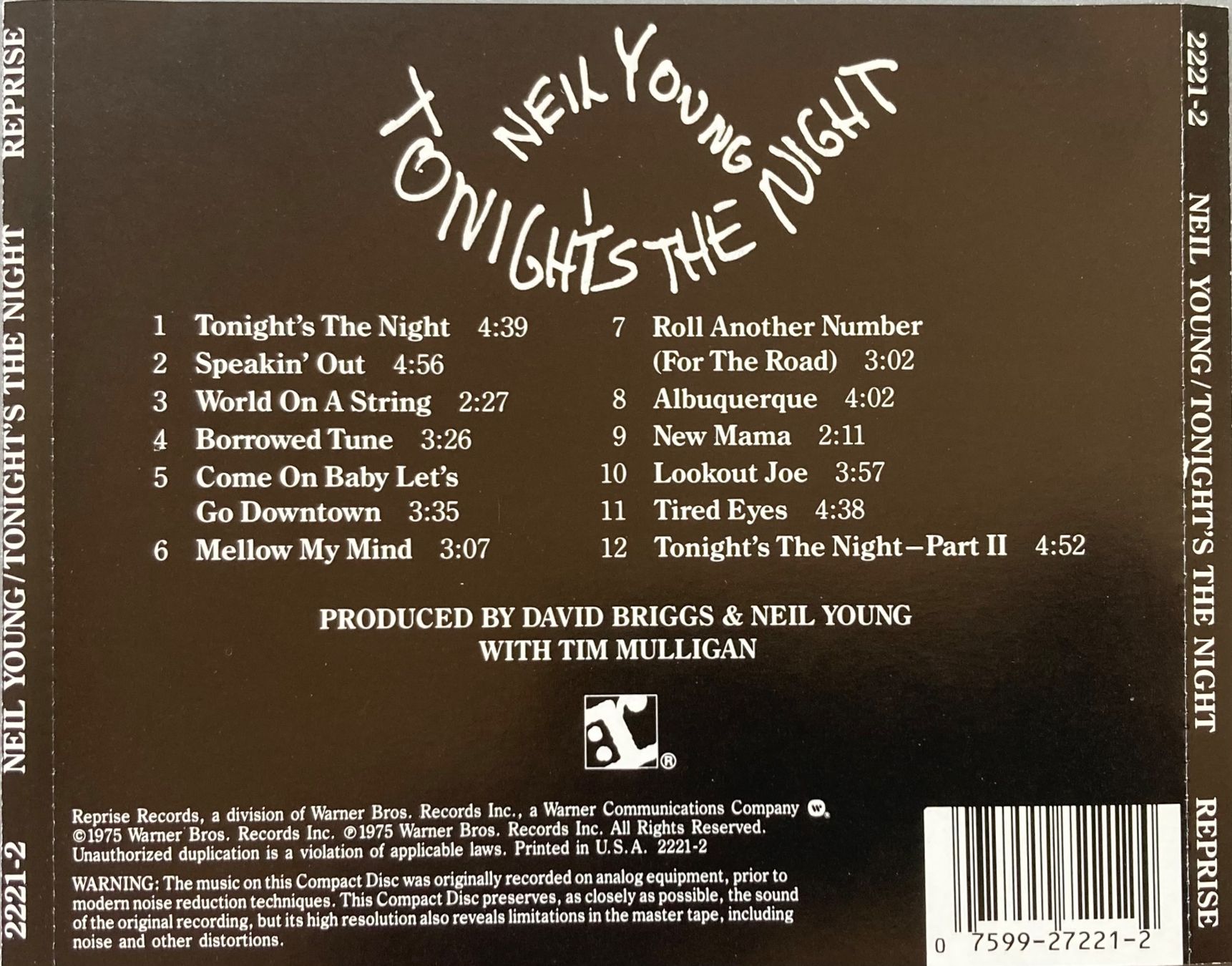 CDs: NEIL YOUNG - TONIGHT'S THE NIGHT – D'occasion à Poliez-Pittet par Newtown-Records 1