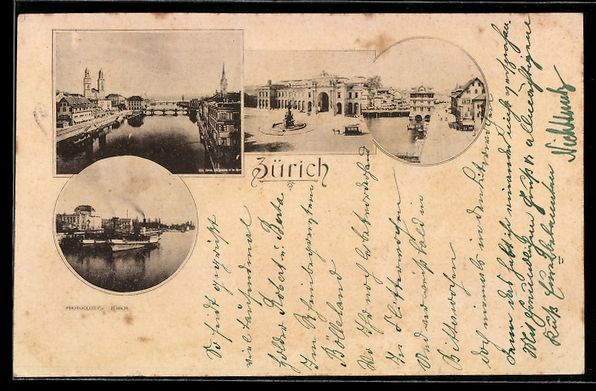 Cartoline postali: Zürich, Limmat, Bahnhof und Stadtufer – Usato da Berlin venduto da bartko-reher