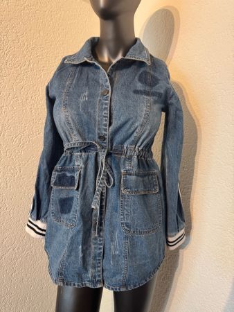 Damen Denim Jacke tailliert Bindegürtel Kontrastbünd Blau XS